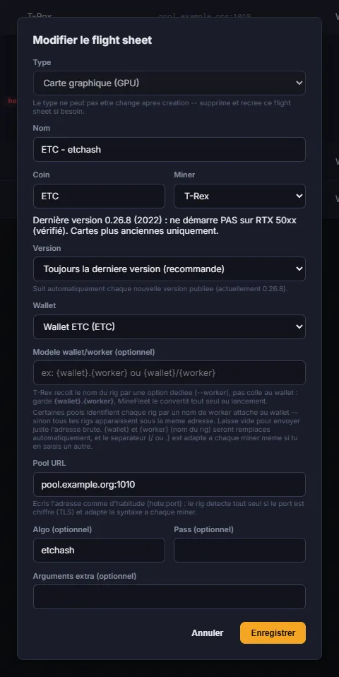 Formulaire d'un flight sheet dans MineFleet : type, nom, coin, miner et version, wallet, modèle wallet/worker, adresse du pool, algorithme et arguments